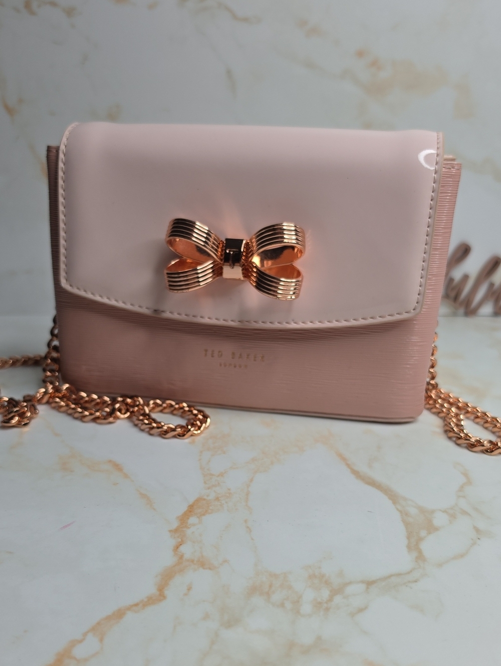 Ted Baker Pink Rosegold Hardware Bow Leather Crossbody Bag Adjustable Strap